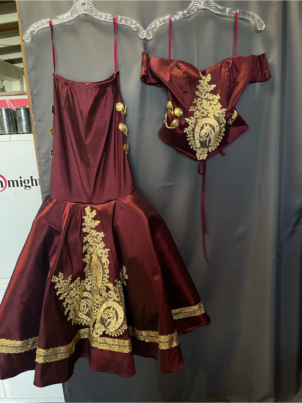 Elegant Women's Burgundy Dress with Gold Embroidery